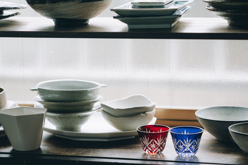 Traditional Edo Kiriko sake cups "Sasa no Hoshi s" pair set in paulownia wood box