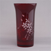 サンドブラスト(硝子彫刻)　一口ビアグラス　桜　赤